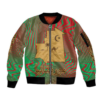 Mauritania Sleeve Zip Bomber Jacket - Desert Camel Crescent Moon and Palm Tree Graphic in Red Green Gold Pattern