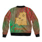 Mauritania Sleeve Zip Bomber Jacket - Desert Camel Crescent Moon and Palm Tree Graphic in Red Green Gold Pattern