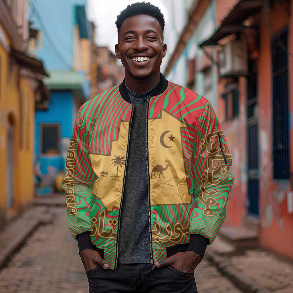 Mauritania Sleeve Zip Bomber Jacket - Desert Camel Crescent Moon and Palm Tree Graphic in Red Green Gold Pattern