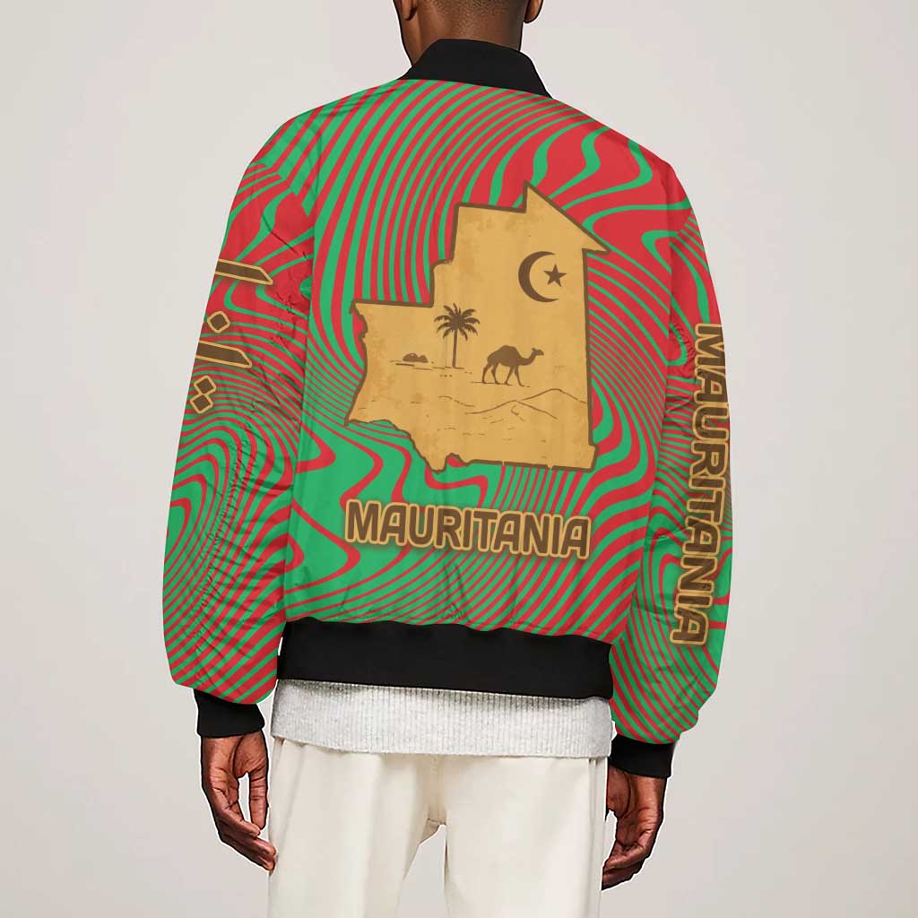 Mauritania Sleeve Zip Bomber Jacket - Desert Camel Crescent Moon and Palm Tree Graphic in Red Green Gold Pattern