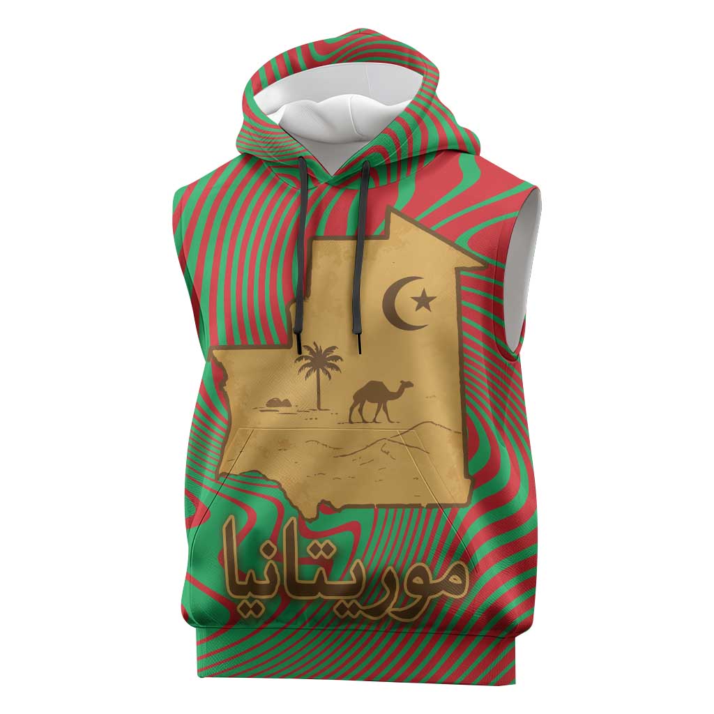 Mauritania Sleeveless Hoodie - Desert Camel Crescent Moon and Palm Tree Graphic in Red Green Gold Pattern - African Pride