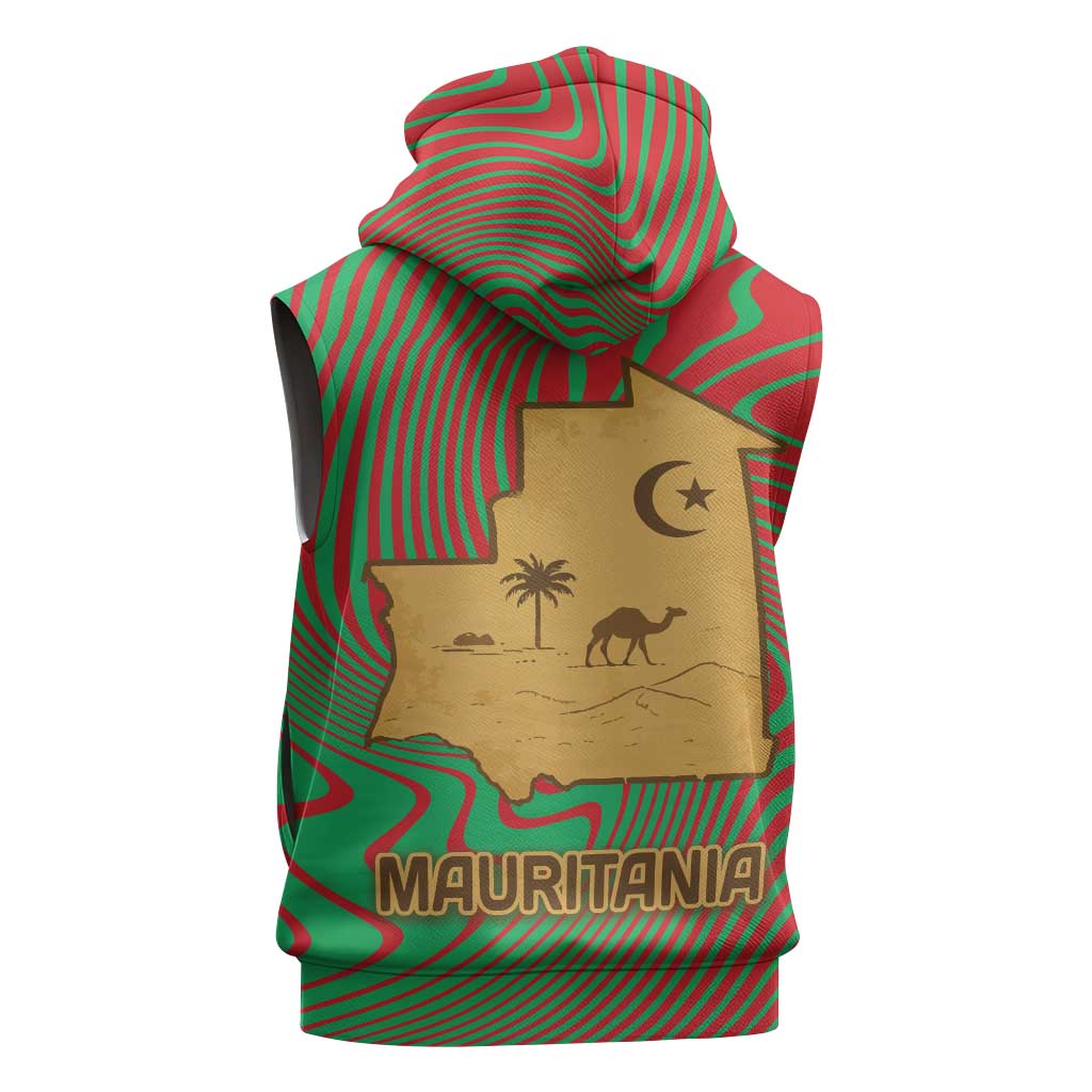 Mauritania Sleeveless Hoodie - Desert Camel Crescent Moon and Palm Tree Graphic in Red Green Gold Pattern - African Pride