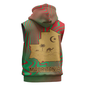 Mauritania Sleeveless Hoodie - Desert Camel Crescent Moon and Palm Tree Graphic in Red Green Gold Pattern - African Pride