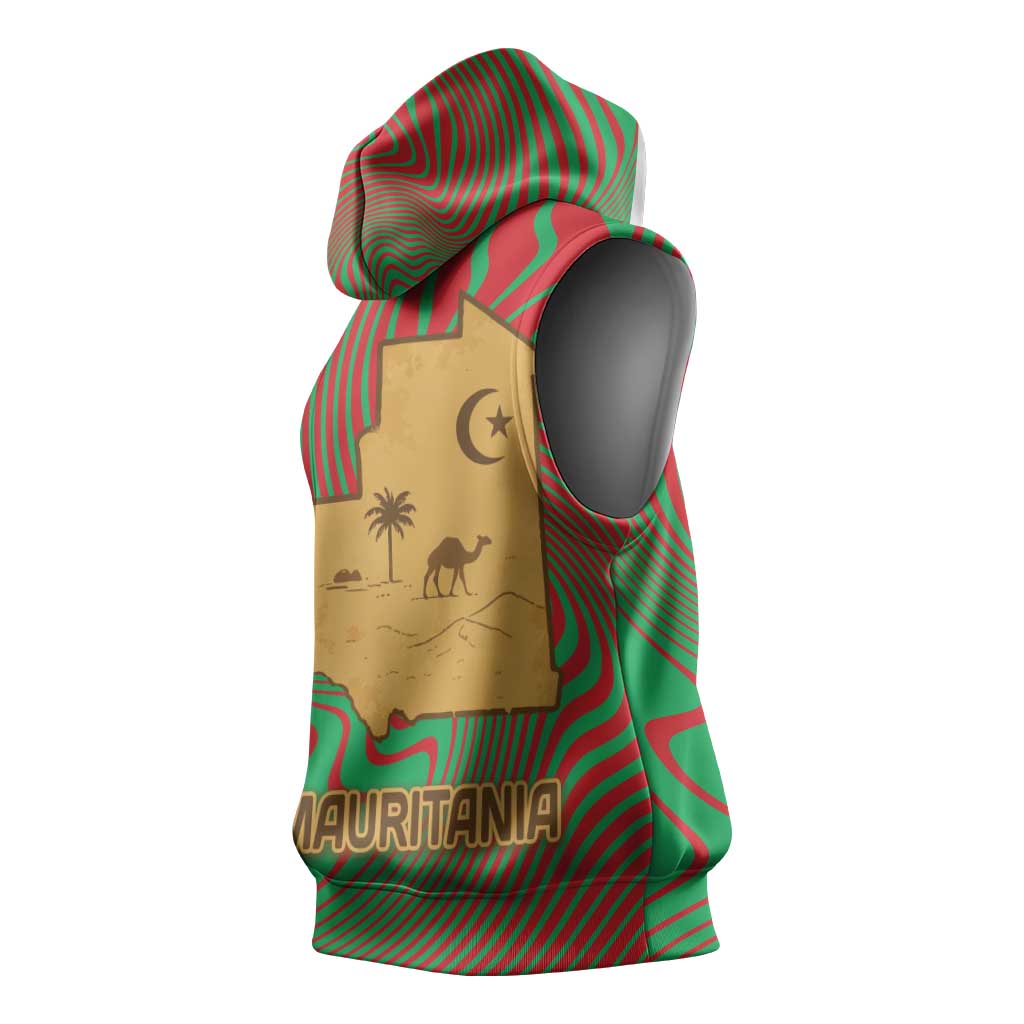 Mauritania Sleeveless Hoodie - Desert Camel Crescent Moon and Palm Tree Graphic in Red Green Gold Pattern - African Pride