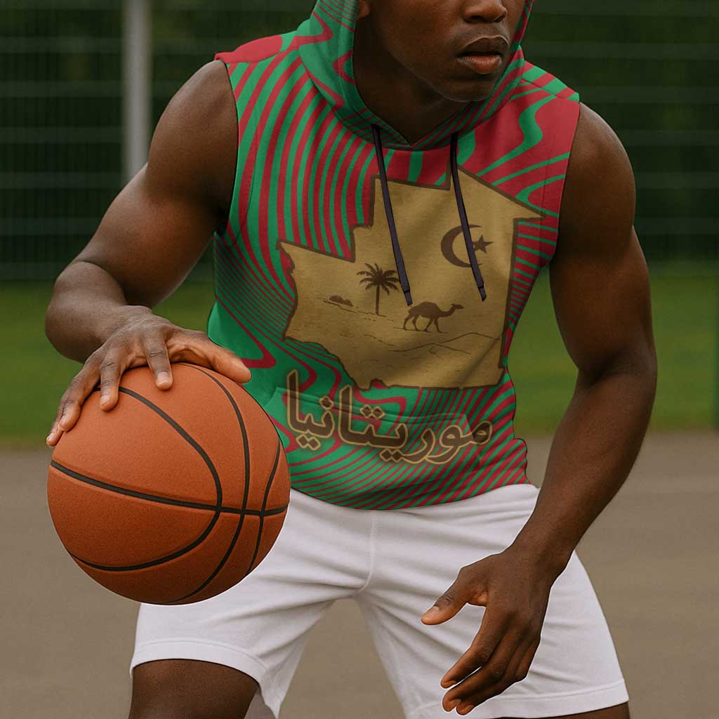 Mauritania Sleeveless Hoodie - Desert Camel Crescent Moon and Palm Tree Graphic in Red Green Gold Pattern - African Pride