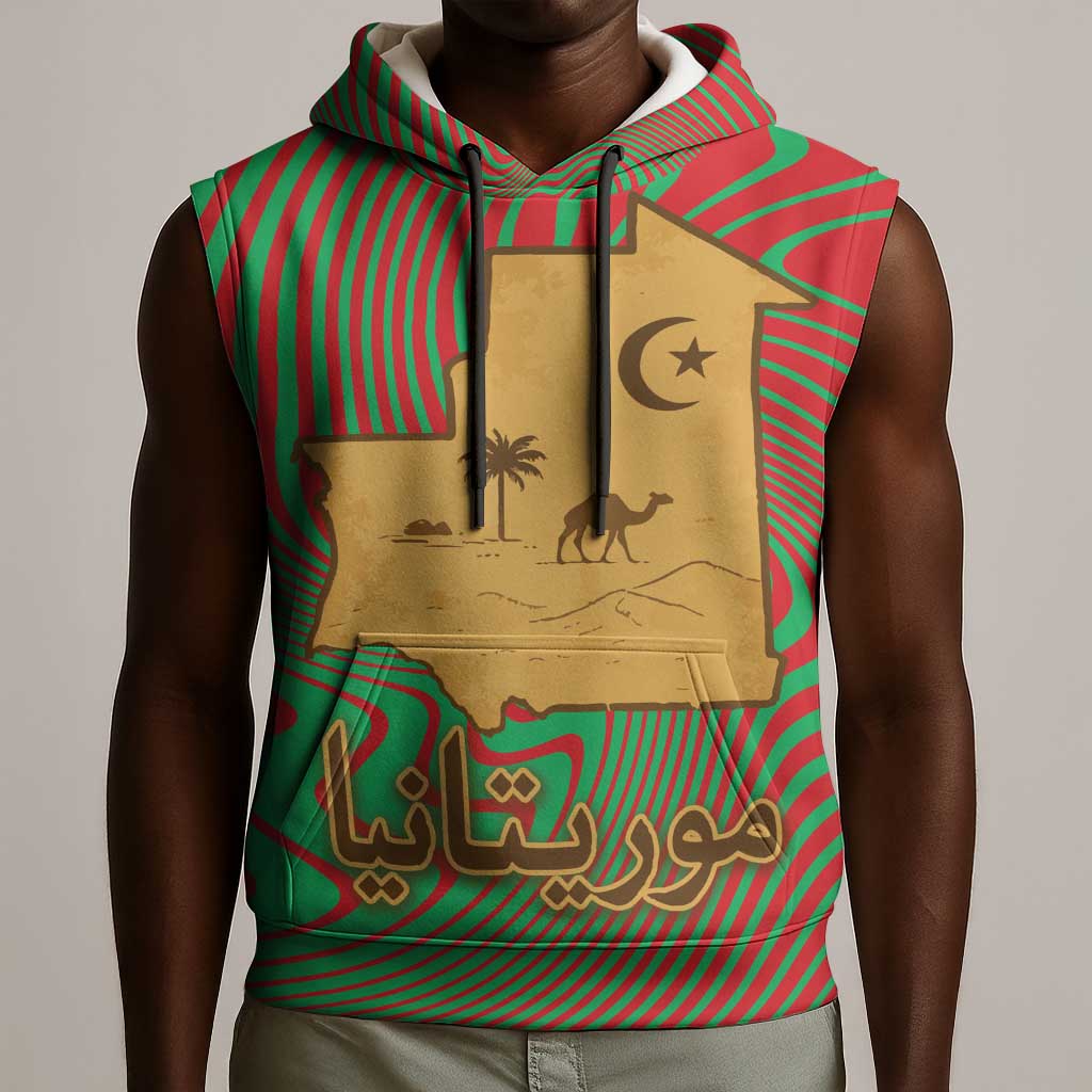 Mauritania Sleeveless Hoodie - Desert Camel Crescent Moon and Palm Tree Graphic in Red Green Gold Pattern - African Pride