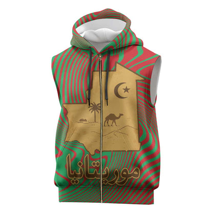Mauritania Sleeveless Zip Hoodie - Desert Camel Crescent Moon and Palm Tree Graphic in Red Green Gold Pattern - African Pride