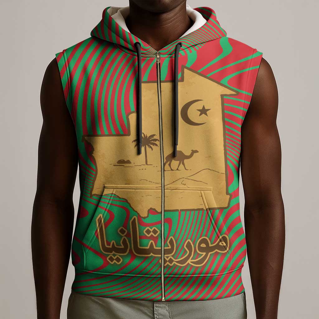 Mauritania Sleeveless Zip Hoodie - Desert Camel Crescent Moon and Palm Tree Graphic in Red Green Gold Pattern - African Pride