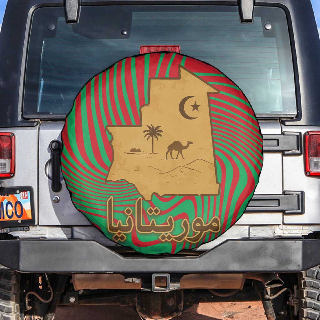 Mauritania Spare Tire Cover - Desert Camel Crescent Moon and Palm Tree Graphic in Red Green Gold Pattern