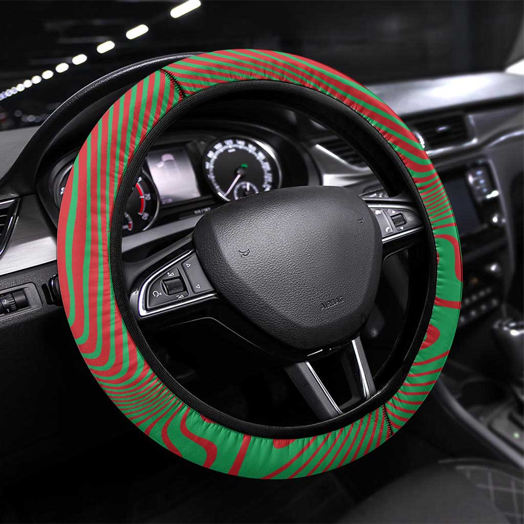 Mauritania Steering Wheel Cover - Desert Camel Crescent Moon and Palm Tree Graphic in Red Green Gold Pattern