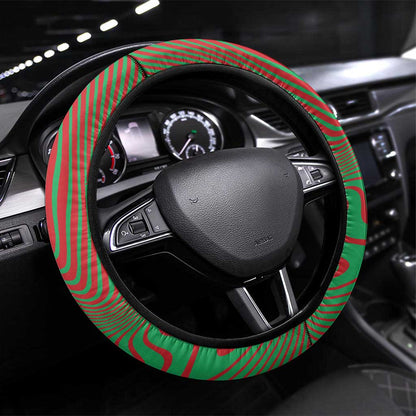 Mauritania Steering Wheel Cover - Desert Camel Crescent Moon and Palm Tree Graphic in Red Green Gold Pattern