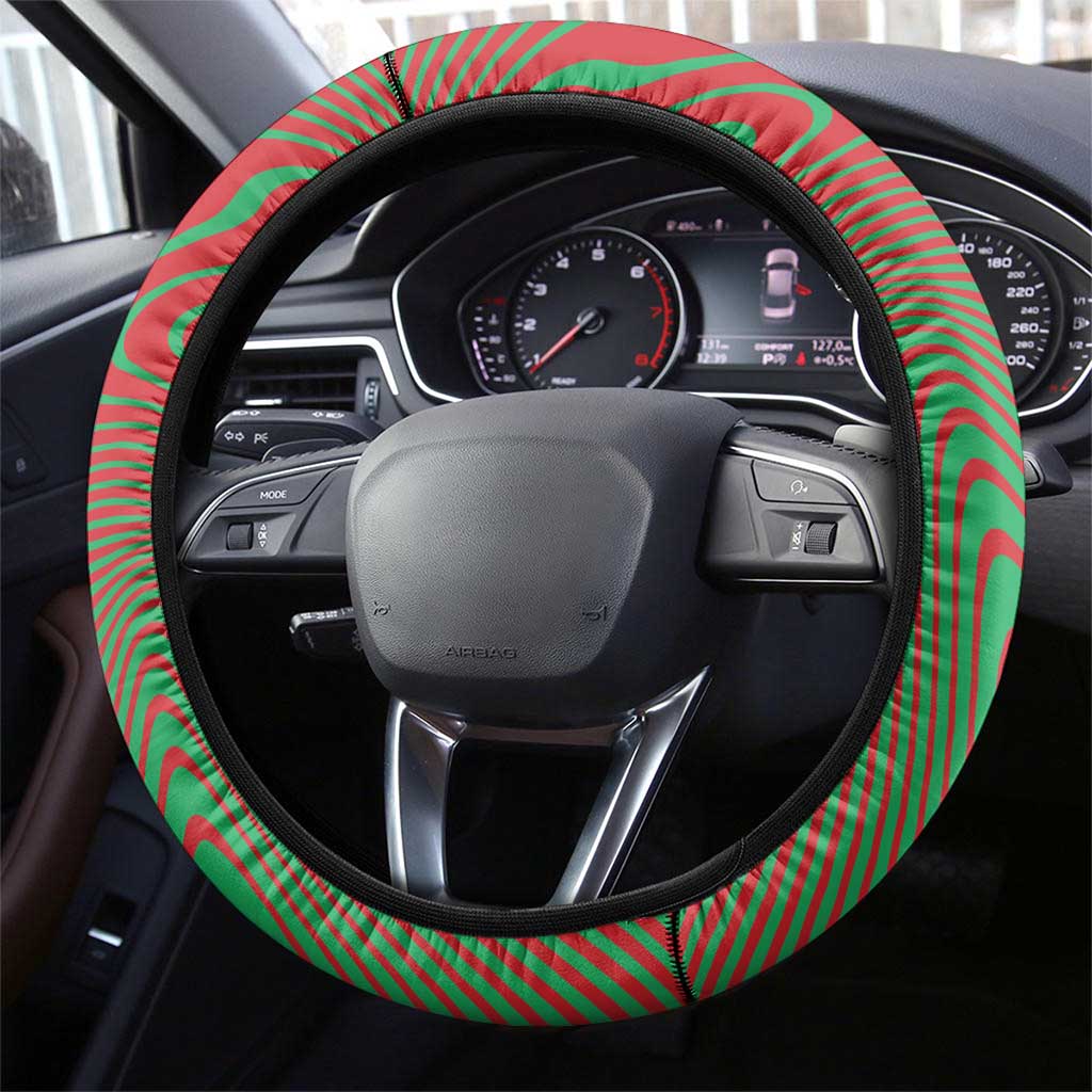 Mauritania Steering Wheel Cover - Desert Camel Crescent Moon and Palm Tree Graphic in Red Green Gold Pattern