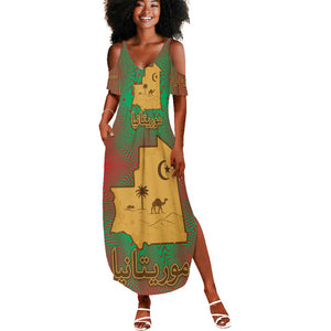 Mauritania Summer Maxi Dress - Desert Camel Crescent Moon and Palm Tree Graphic in Red Green Gold Pattern