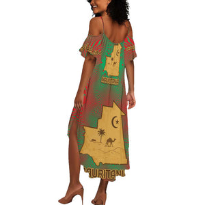 Mauritania Summer Maxi Dress - Desert Camel Crescent Moon and Palm Tree Graphic in Red Green Gold Pattern