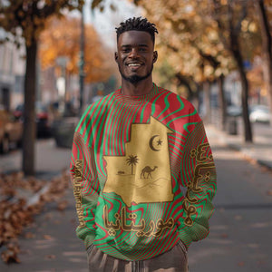 Mauritania Sweatshirt - Desert Camel Crescent Moon and Palm Tree Graphic in Red Green Gold Pattern