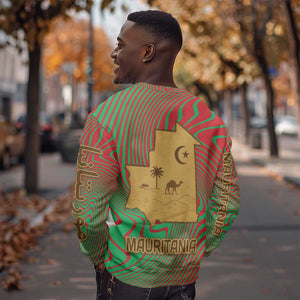 Mauritania Sweatshirt - Desert Camel Crescent Moon and Palm Tree Graphic in Red Green Gold Pattern