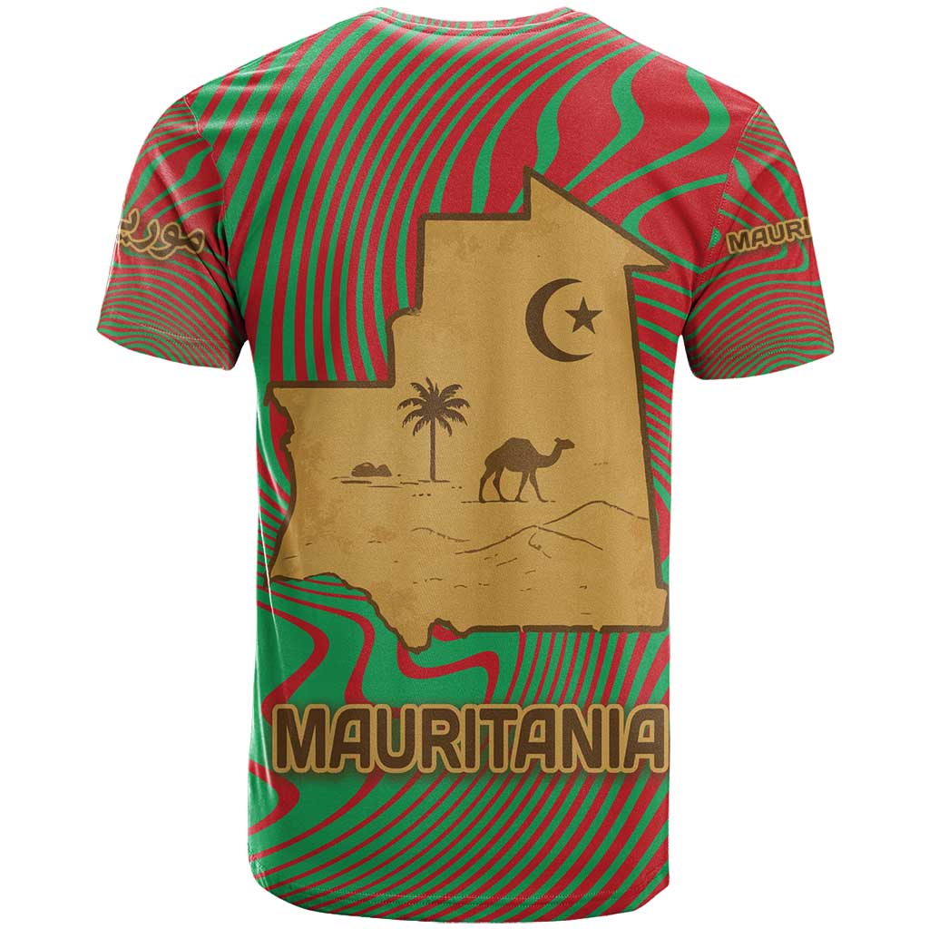 Mauritania T shirt - Desert Camel Crescent Moon and Palm Tree Graphic in Red Green Gold Pattern