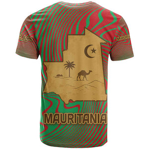 Mauritania T shirt - Desert Camel Crescent Moon and Palm Tree Graphic in Red Green Gold Pattern