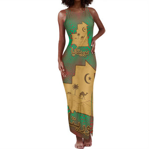 Mauritania Tank Maxi Dress - Desert Camel Crescent Moon and Palm Tree Graphic in Red Green Gold Pattern