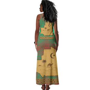 Mauritania Tank Maxi Dress - Desert Camel Crescent Moon and Palm Tree Graphic in Red Green Gold Pattern