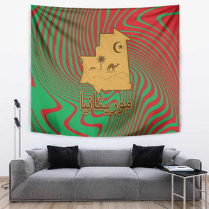 Mauritania Tapestry - Desert Camel Crescent Moon and Palm Tree Graphic in Red Green Gold Pattern