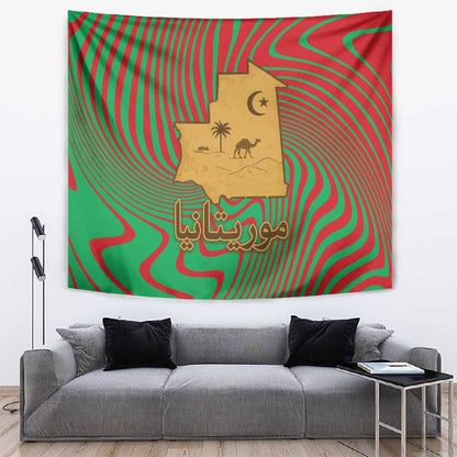 Mauritania Tapestry - Desert Camel Crescent Moon and Palm Tree Graphic in Red Green Gold Pattern