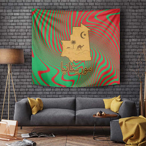 Mauritania Tapestry - Desert Camel Crescent Moon and Palm Tree Graphic in Red Green Gold Pattern