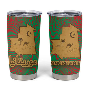 Mauritania Tumbler Cup - Desert Camel Crescent Moon and Palm Tree Graphic in Red Green Gold Pattern