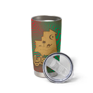 Mauritania Tumbler Cup - Desert Camel Crescent Moon and Palm Tree Graphic in Red Green Gold Pattern