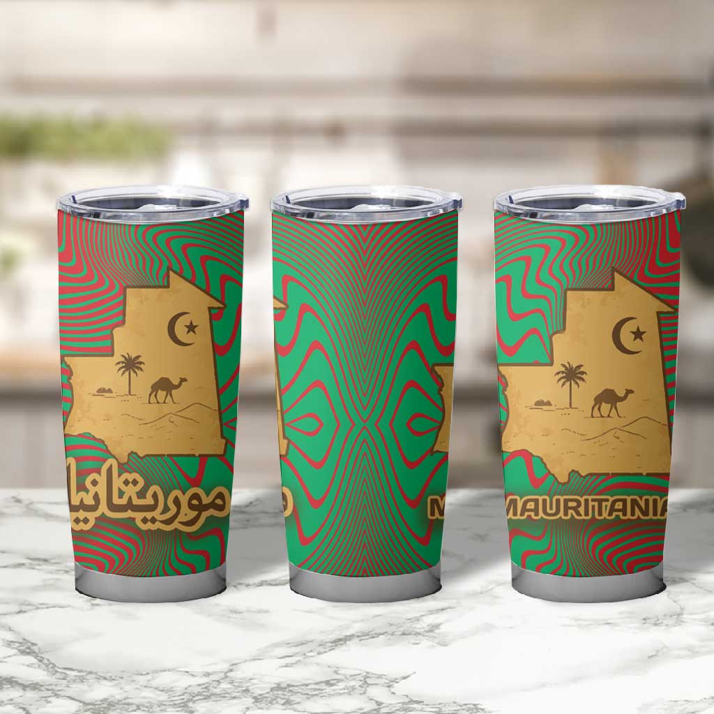 Mauritania Tumbler Cup - Desert Camel Crescent Moon and Palm Tree Graphic in Red Green Gold Pattern