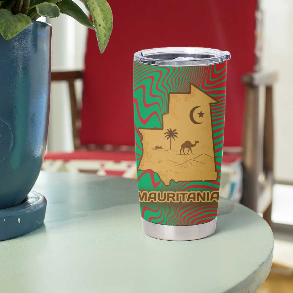 Mauritania Tumbler Cup - Desert Camel Crescent Moon and Palm Tree Graphic in Red Green Gold Pattern