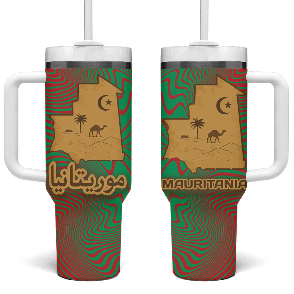 Mauritania Tumbler With Handle - Desert Camel Crescent Moon and Palm Tree Graphic in Red Green Gold Pattern