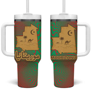 Mauritania Tumbler With Handle - Desert Camel Crescent Moon and Palm Tree Graphic in Red Green Gold Pattern