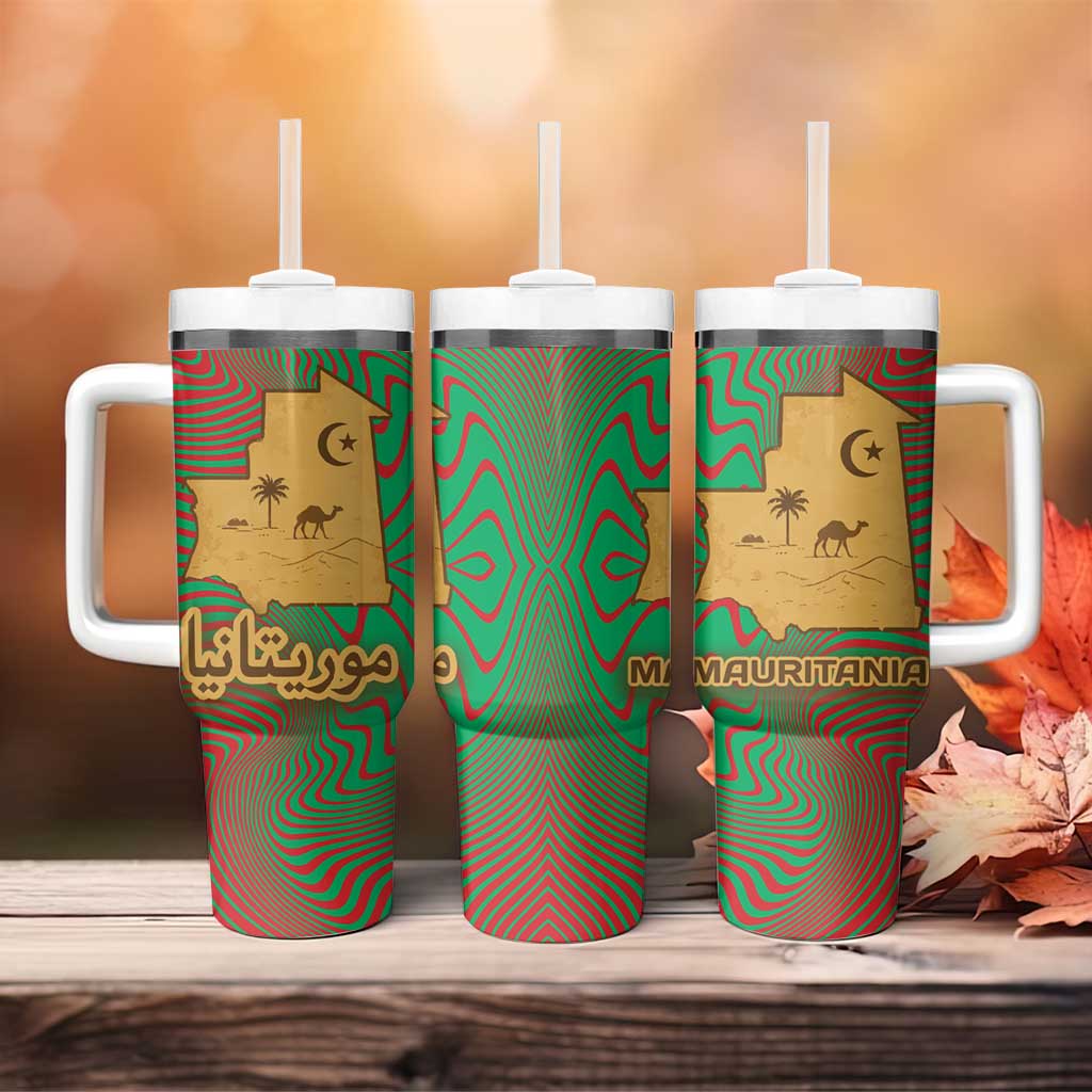 Mauritania Tumbler With Handle - Desert Camel Crescent Moon and Palm Tree Graphic in Red Green Gold Pattern