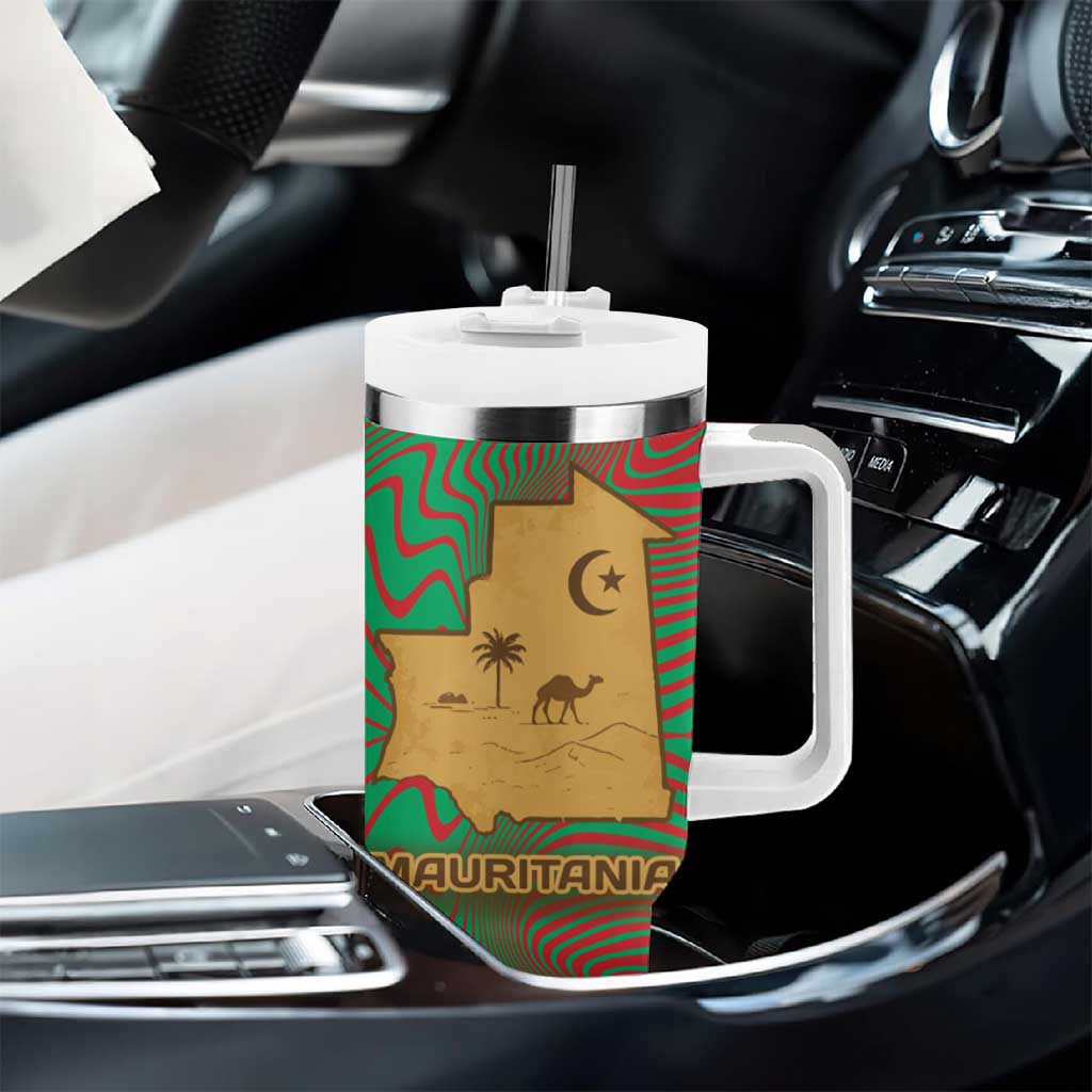 Mauritania Tumbler With Handle - Desert Camel Crescent Moon and Palm Tree Graphic in Red Green Gold Pattern