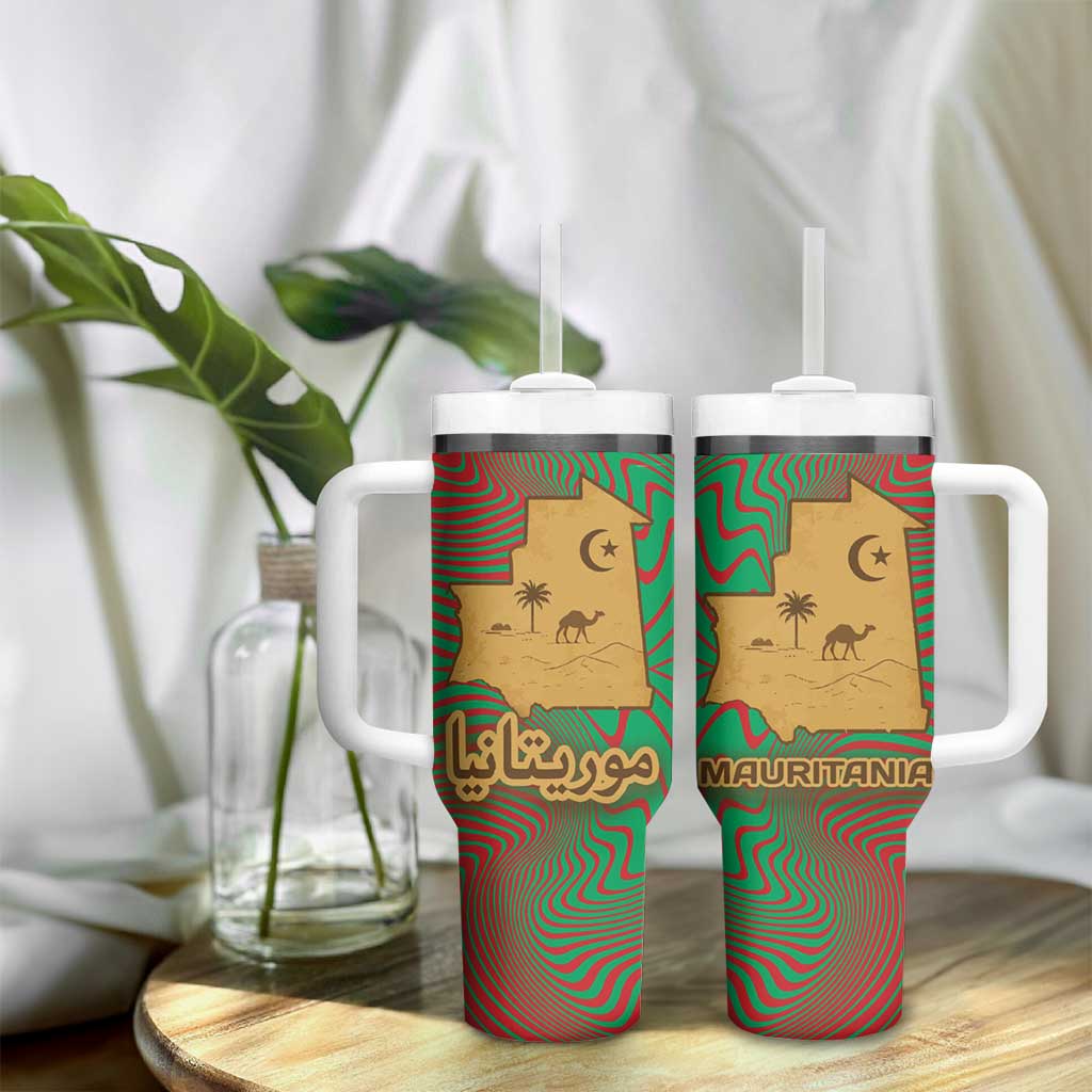 Mauritania Tumbler With Handle - Desert Camel Crescent Moon and Palm Tree Graphic in Red Green Gold Pattern