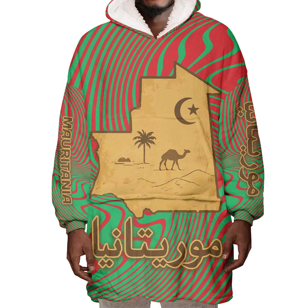 Mauritania Wearable Blanket Hoodie - Desert Camel Crescent Moon and Palm Tree Graphic in Red Green Gold Pattern