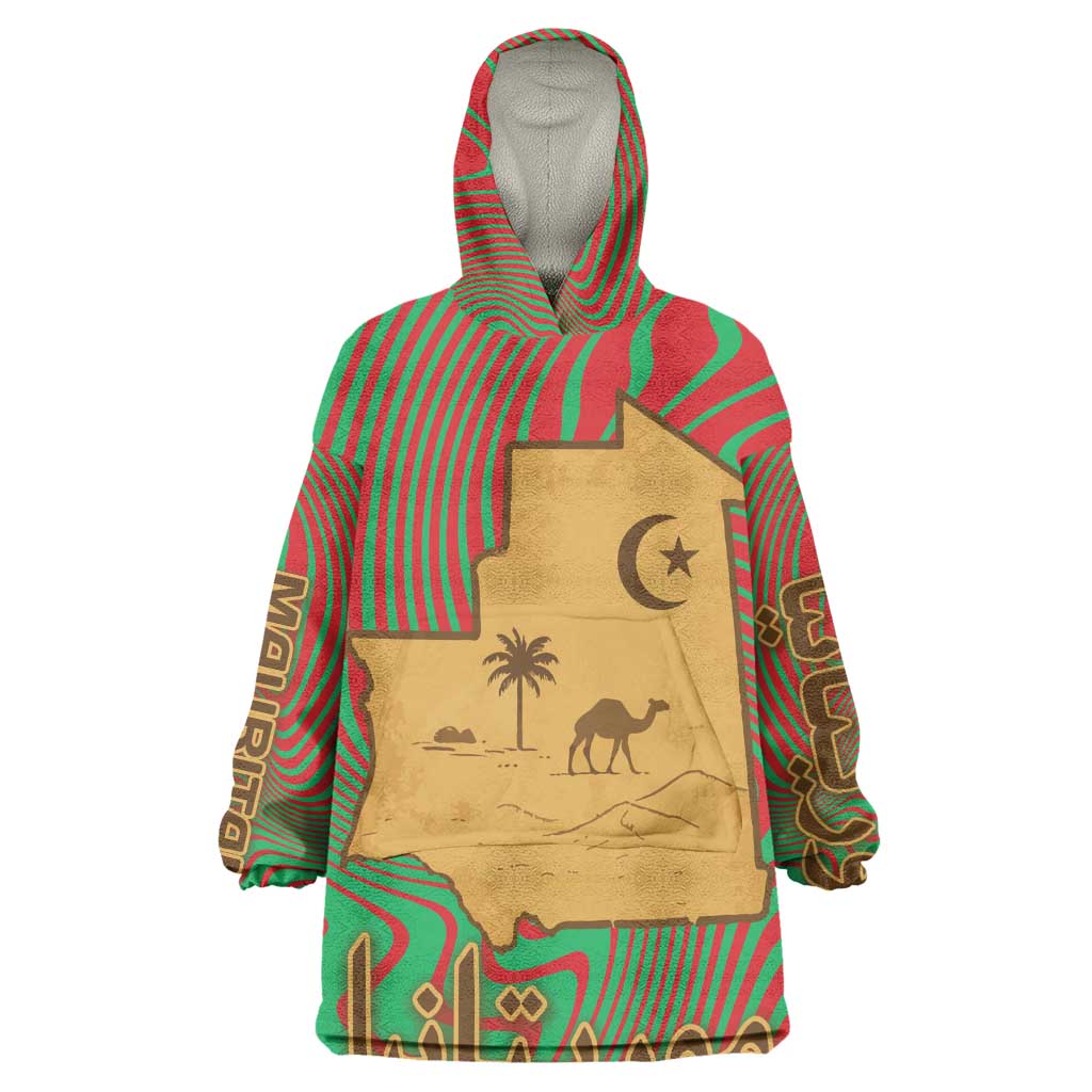 Mauritania Wearable Blanket Hoodie - Desert Camel Crescent Moon and Palm Tree Graphic in Red Green Gold Pattern