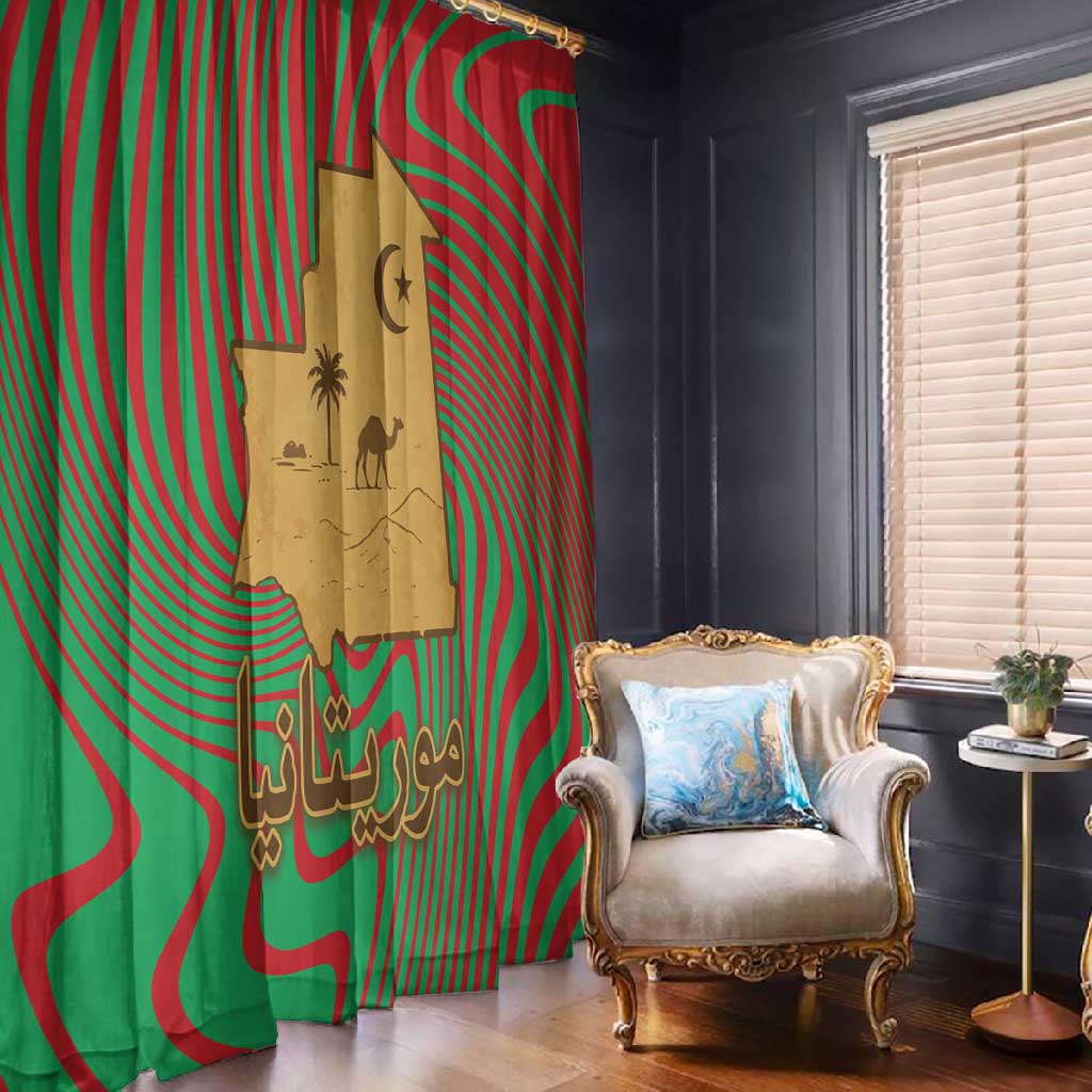 Mauritania Window Curtain - Desert Camel Crescent Moon and Palm Tree Graphic in Red Green Gold Pattern