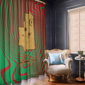 Mauritania Window Curtain - Desert Camel Crescent Moon and Palm Tree Graphic in Red Green Gold Pattern