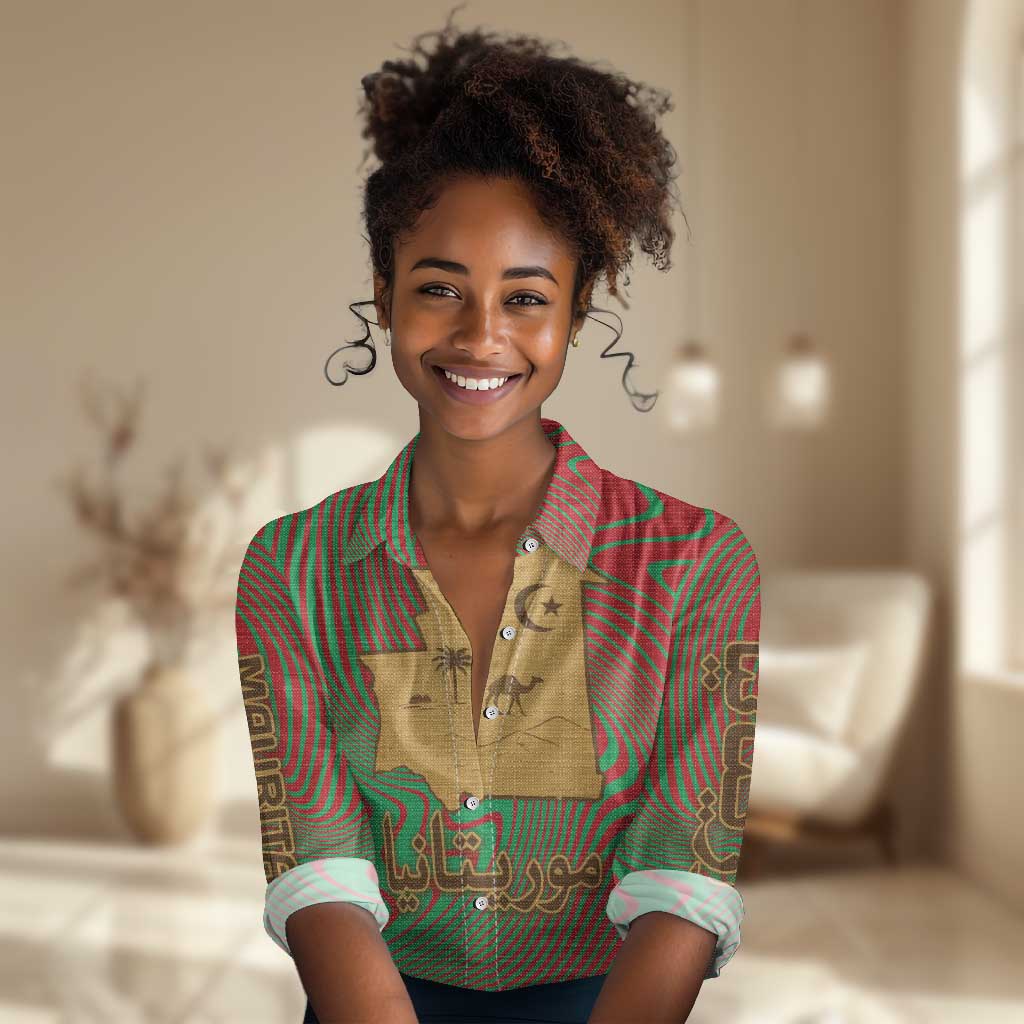 Mauritania Women Casual Shirt - Desert Camel Crescent Moon and Palm Tree Graphic in Red Green Gold Pattern