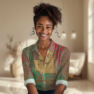 Mauritania Women Casual Shirt - Desert Camel Crescent Moon and Palm Tree Graphic in Red Green Gold Pattern