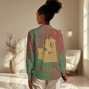 Mauritania Women Casual Shirt - Desert Camel Crescent Moon and Palm Tree Graphic in Red Green Gold Pattern