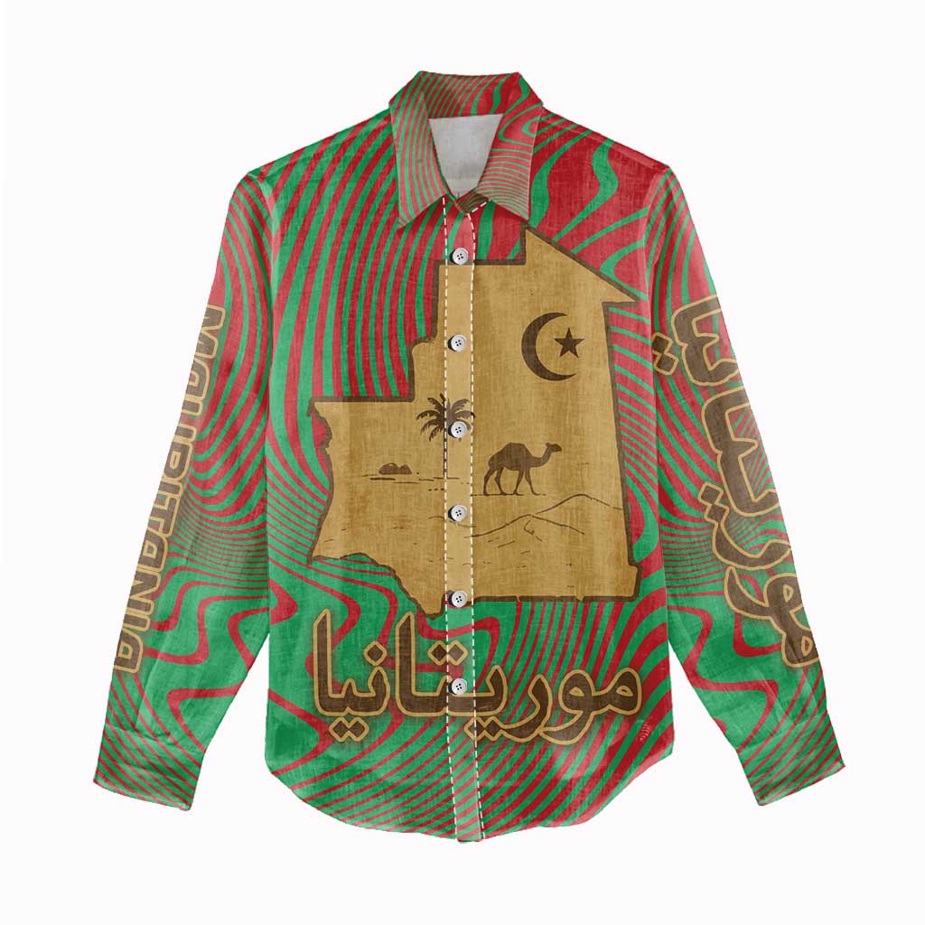 Mauritania Women Casual Shirt - Desert Camel Crescent Moon and Palm Tree Graphic in Red Green Gold Pattern