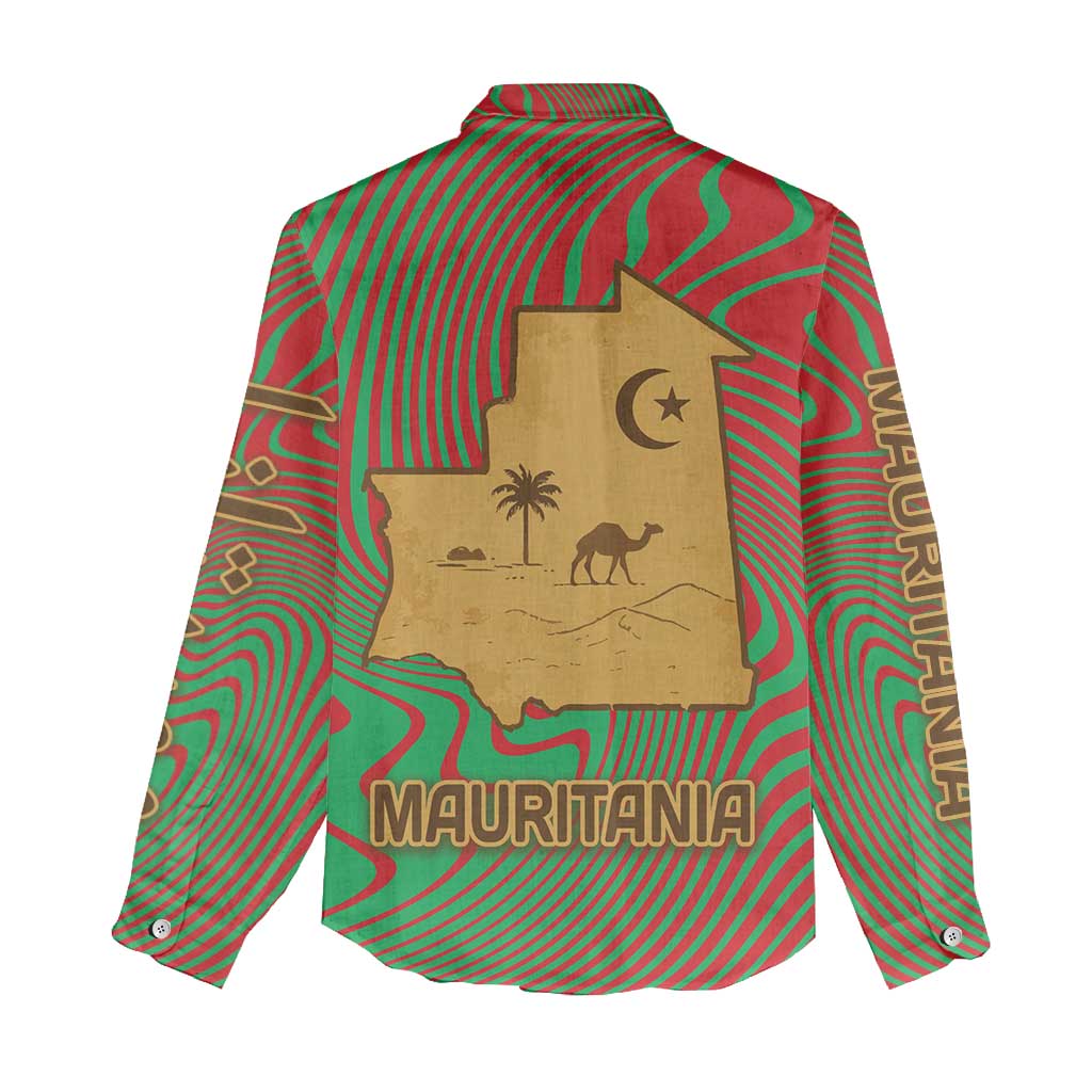 Mauritania Women Casual Shirt - Desert Camel Crescent Moon and Palm Tree Graphic in Red Green Gold Pattern