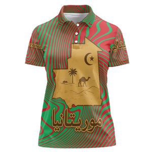 Mauritania Women Polo Shirt - Desert Camel Crescent Moon and Palm Tree Graphic in Red Green Gold Pattern