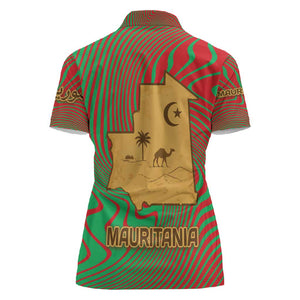 Mauritania Women Polo Shirt - Desert Camel Crescent Moon and Palm Tree Graphic in Red Green Gold Pattern