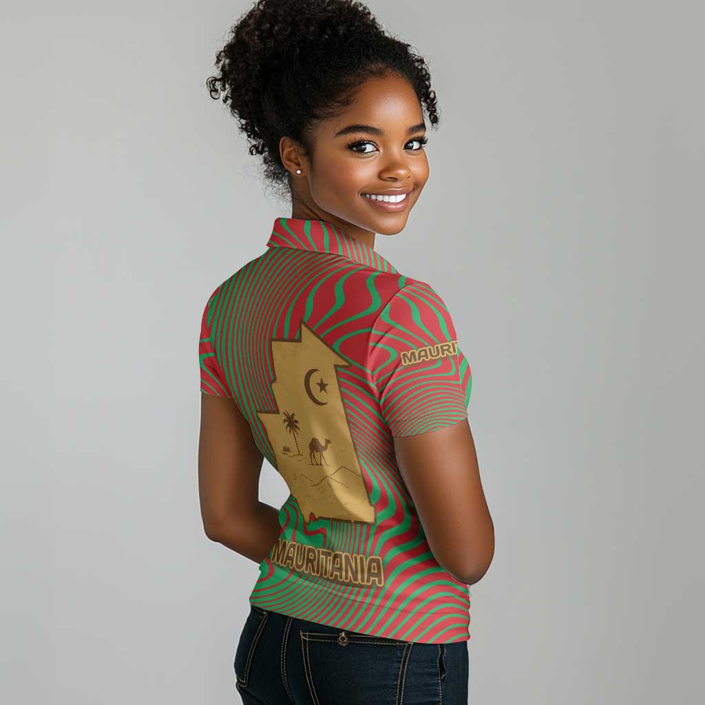 Mauritania Women Polo Shirt - Desert Camel Crescent Moon and Palm Tree Graphic in Red Green Gold Pattern