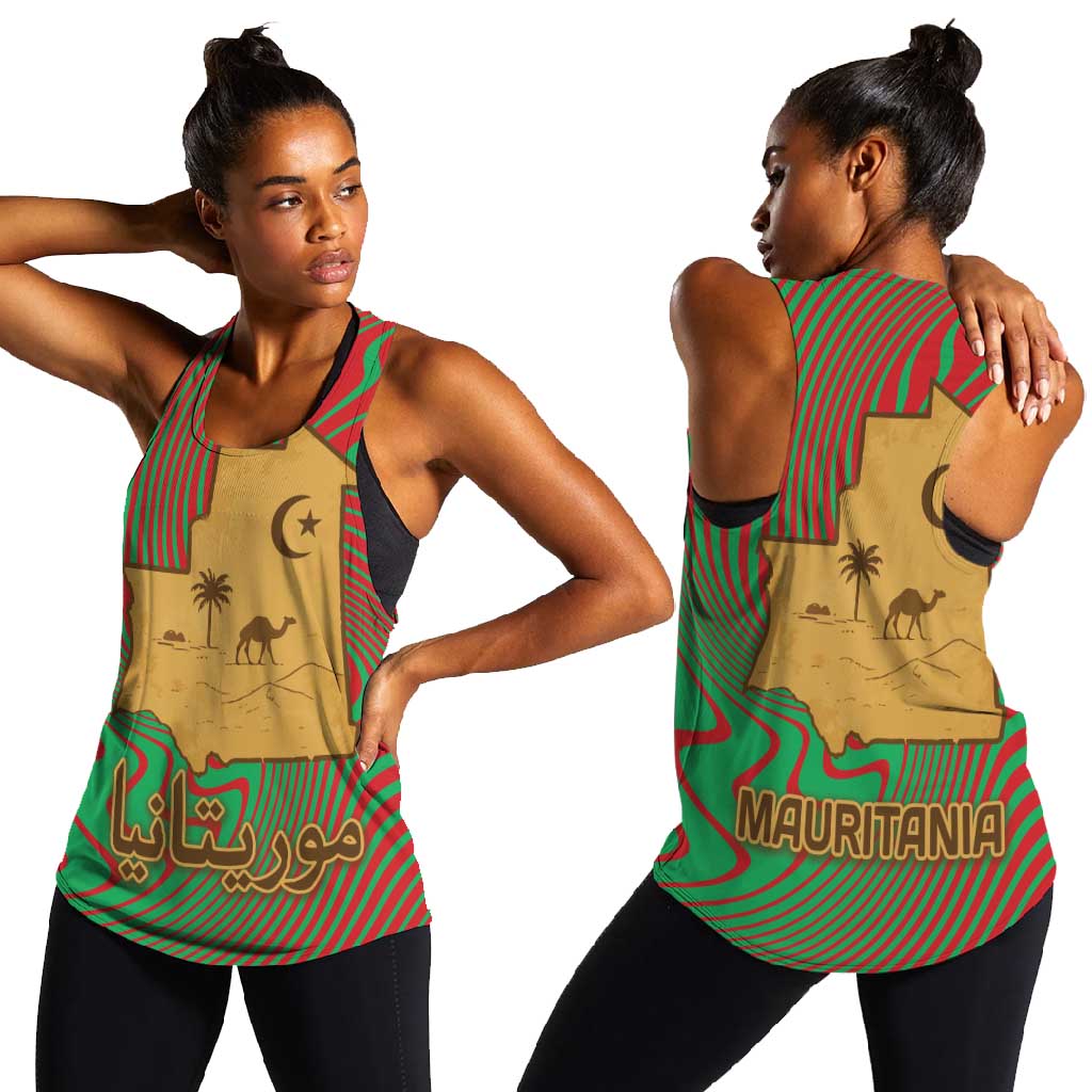Mauritania Women Racerback Tank - Desert Camel Crescent Moon and Palm Tree Graphic in Red Green Gold Pattern