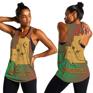 Mauritania Women Racerback Tank - Desert Camel Crescent Moon and Palm Tree Graphic in Red Green Gold Pattern